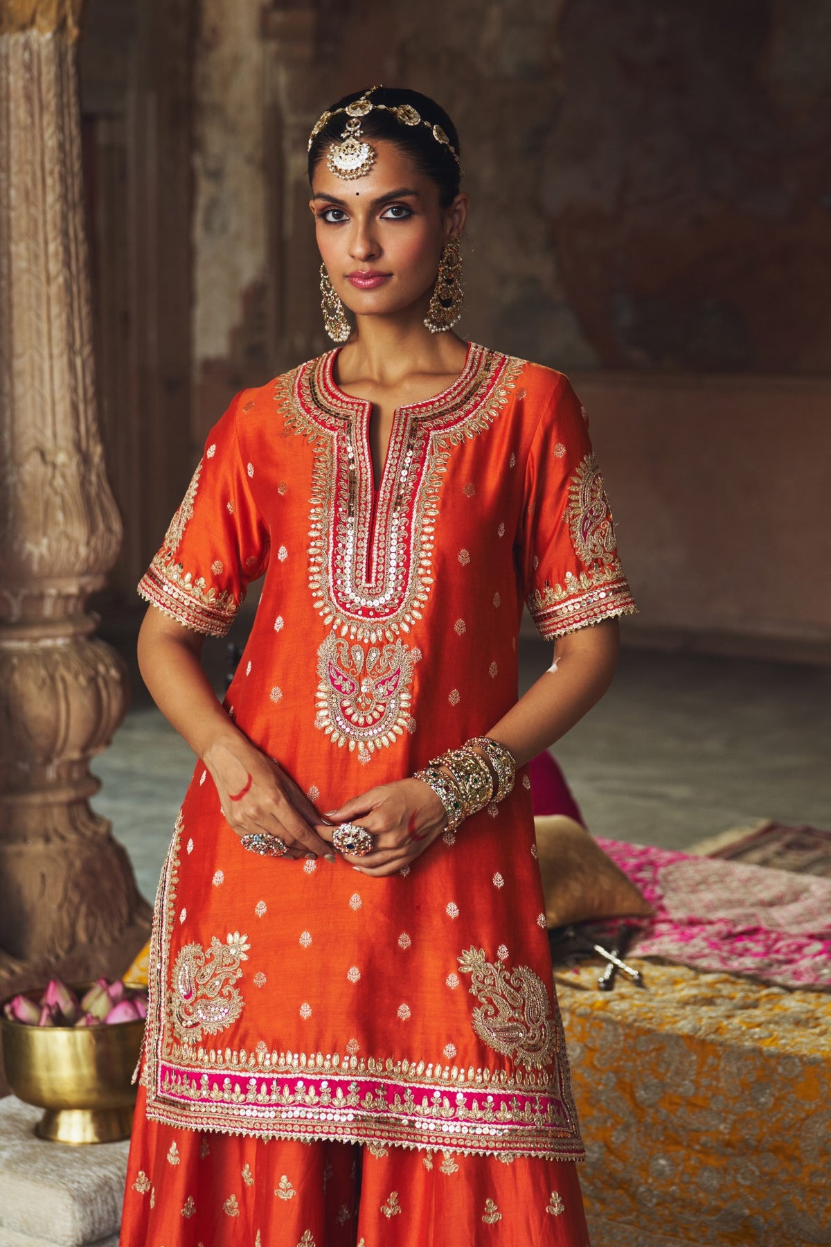 Burnt Orange Banarasi Short Kurta Sharara Set with Dupatta