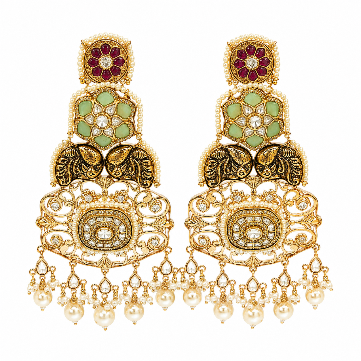 Multicolour Kundan Pearl Statement Earrings