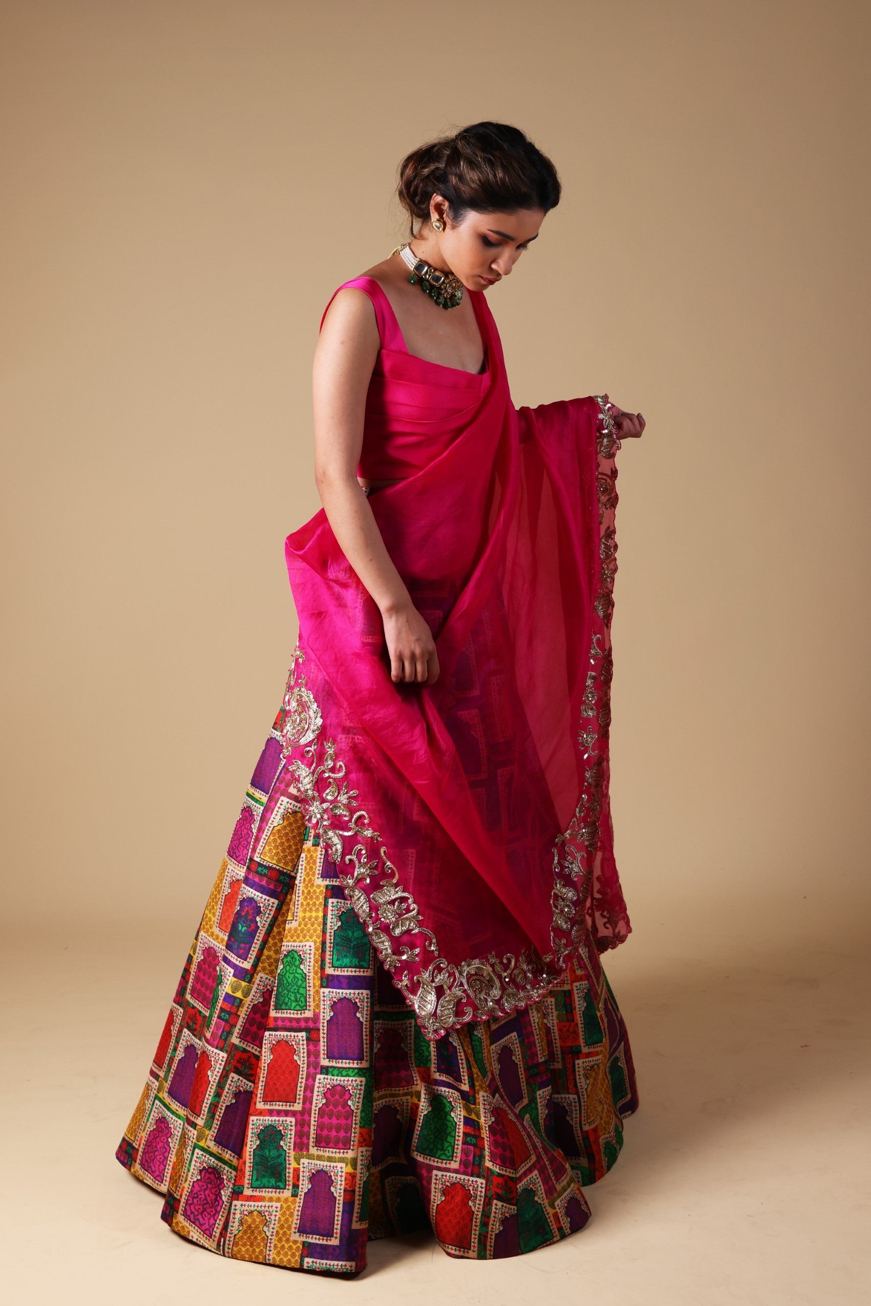 Hand-Embroidered zardosi work Dupatta with lehenga and blouse