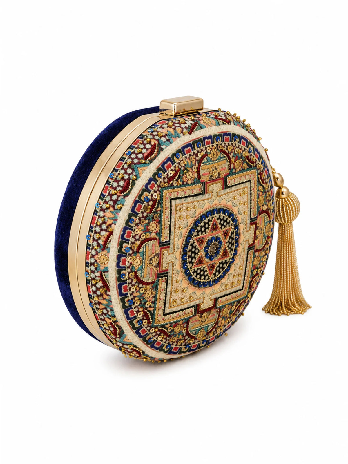 Navy Blue Mandala Embellished Round Clutch Bag with Gold Tassel