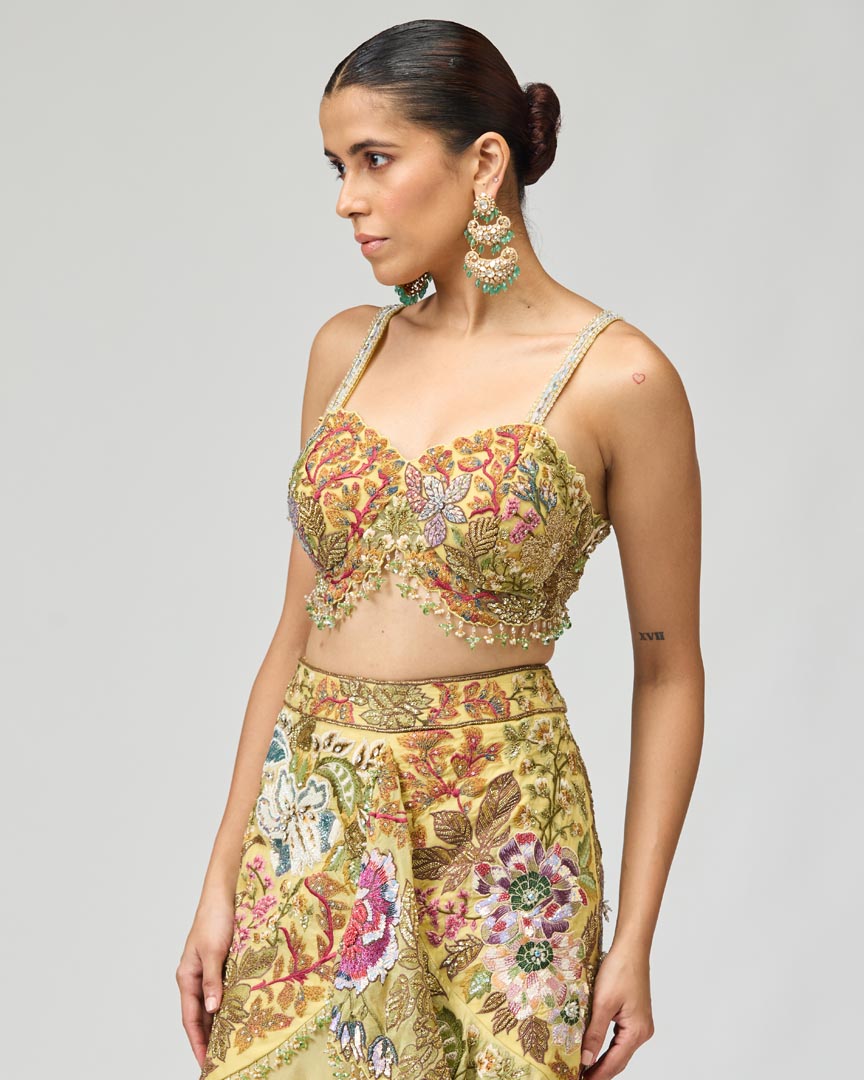 Floral Embroidered Silk Organza Asymmetric Co-ord Set for Cocktails