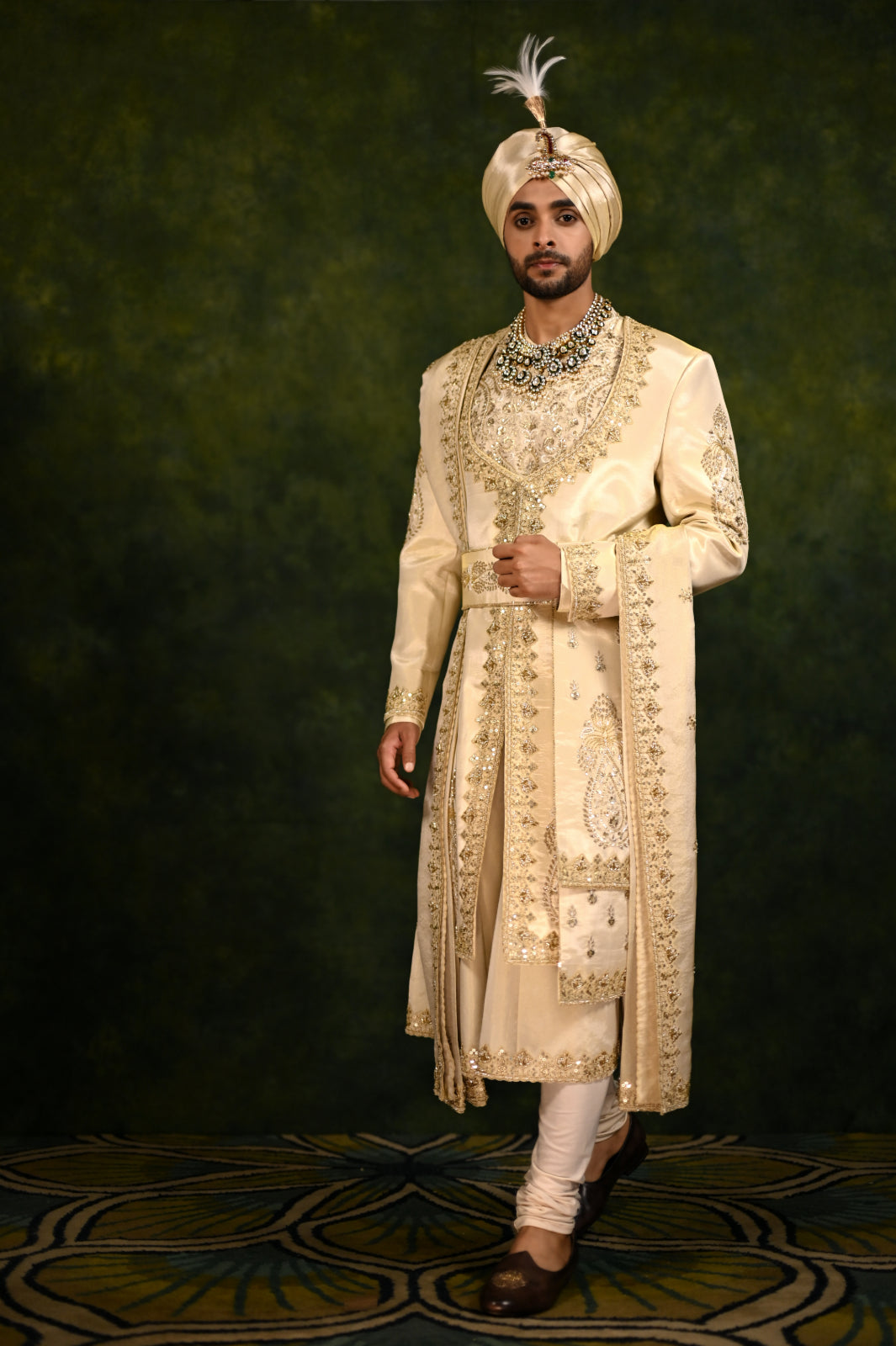 gold tissue angrakha style sherwani set