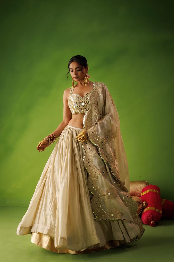 Beige crushed tissue lehenga with scallop dupatta