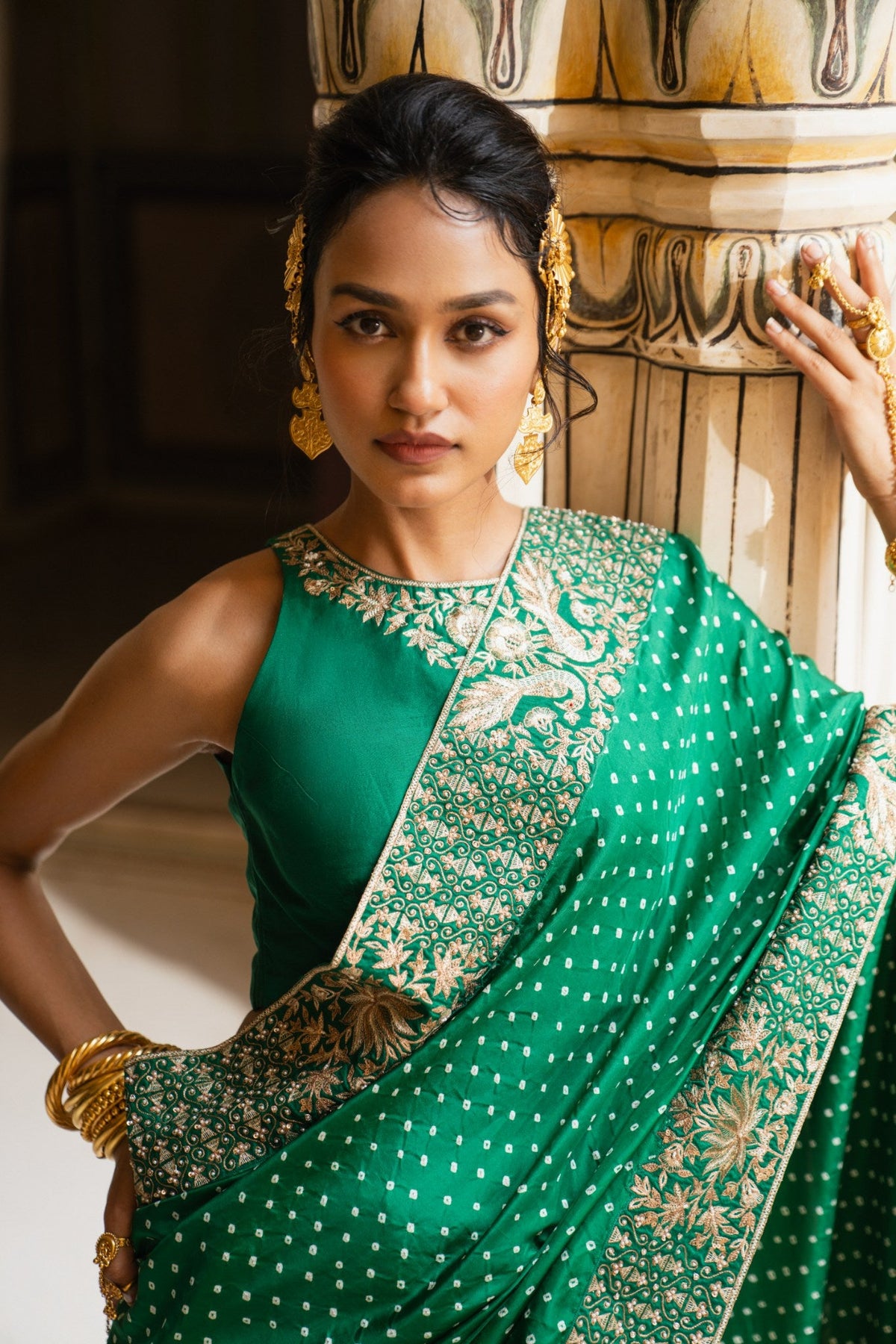 Peacock and lotus bandhni saree
