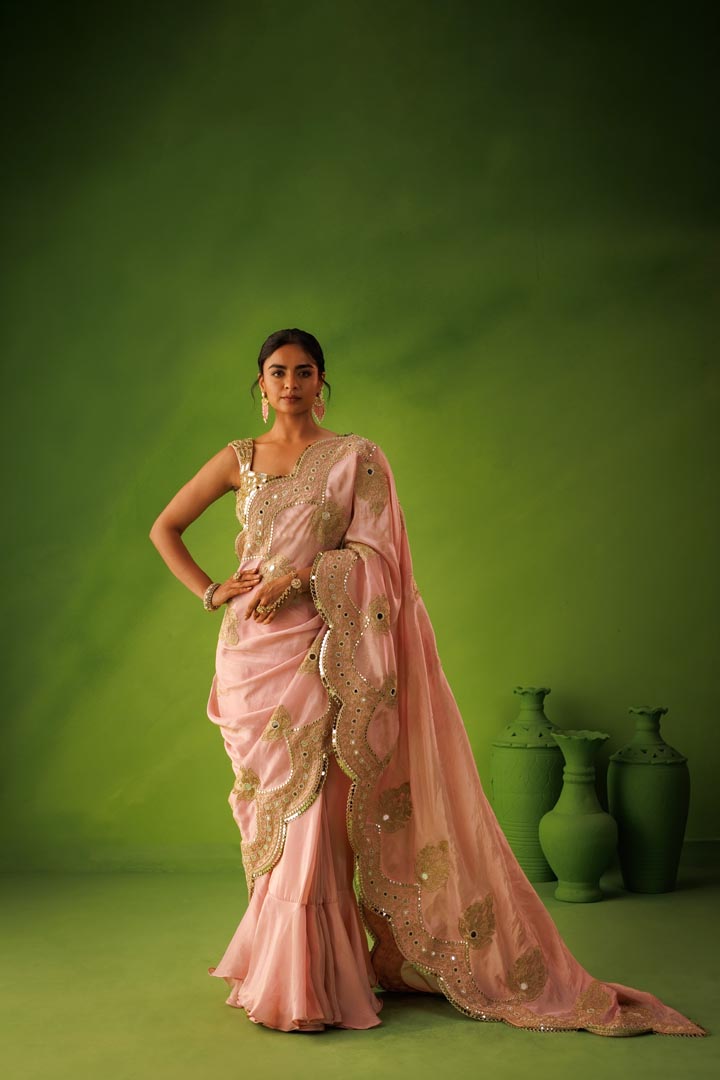 Baby pink mirror work saree set