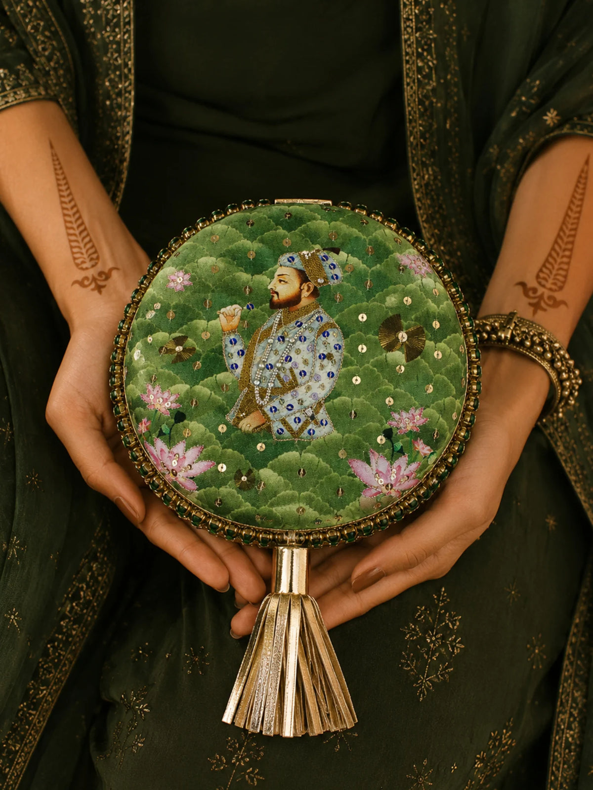 Green Lotus Print Round Clutch Bag with Shehzada Portrait & Tassel