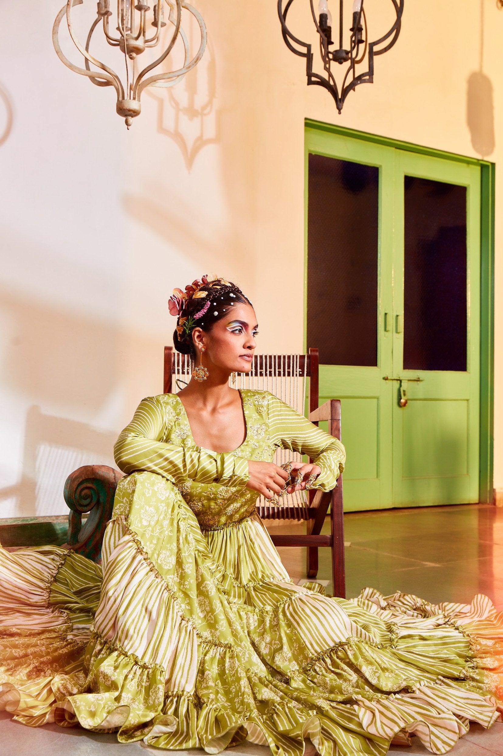 Olive Green Teired Anarkali.