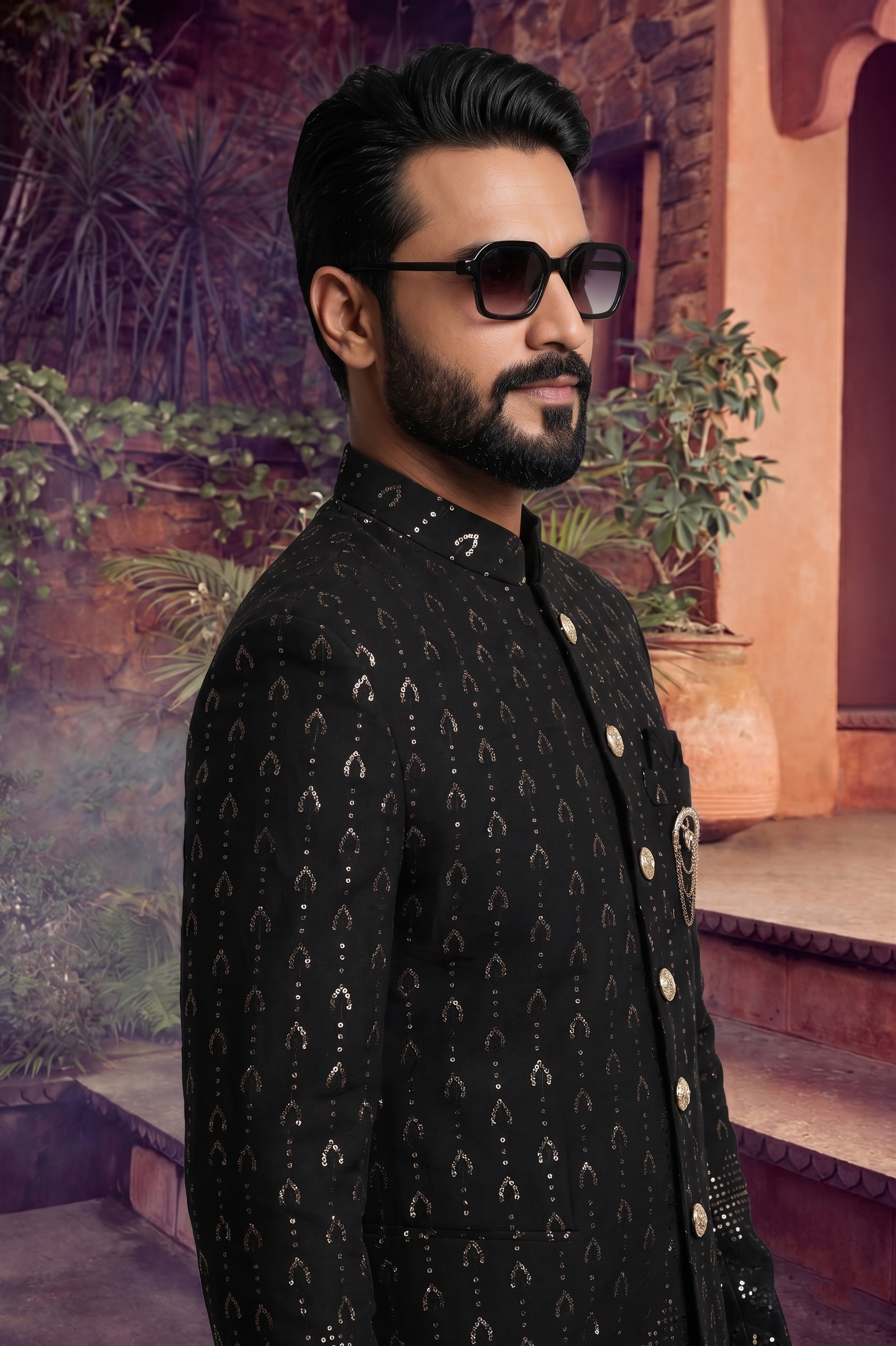 Men's SILK BLACK  SEMI-INDO-WESTERN