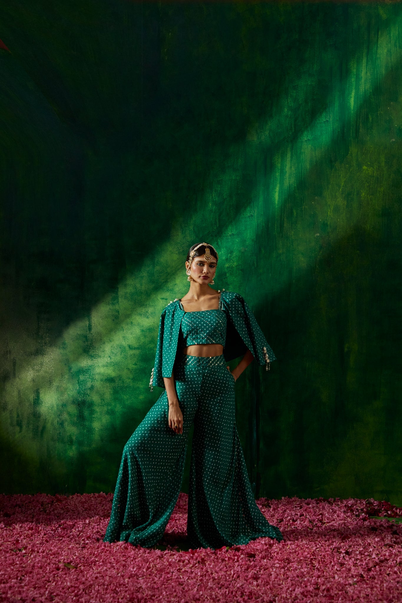 Short Bandhni blazer with bustier and flared pants