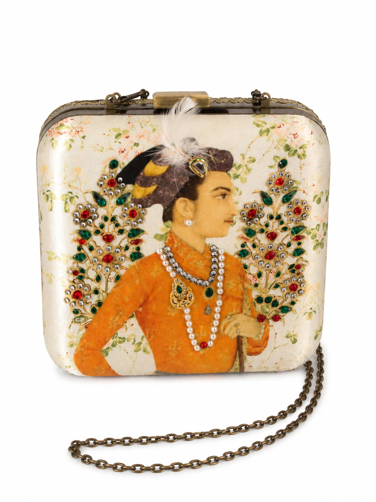 Indian Prince Portrait Embellished Clutch Bag with Gold Detail