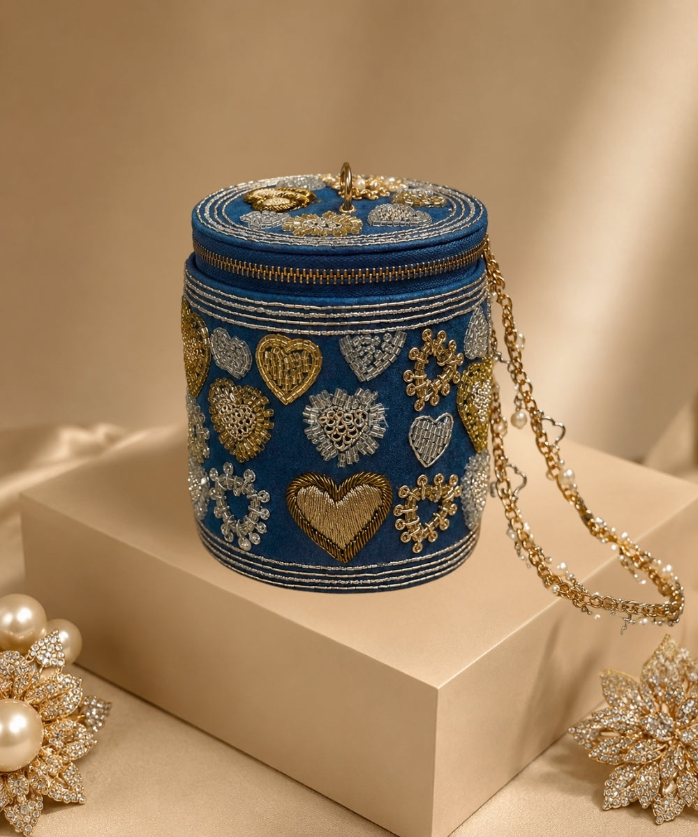 Alizeh Gold & Silver Denim Embroidered Cylinder Mini Bag