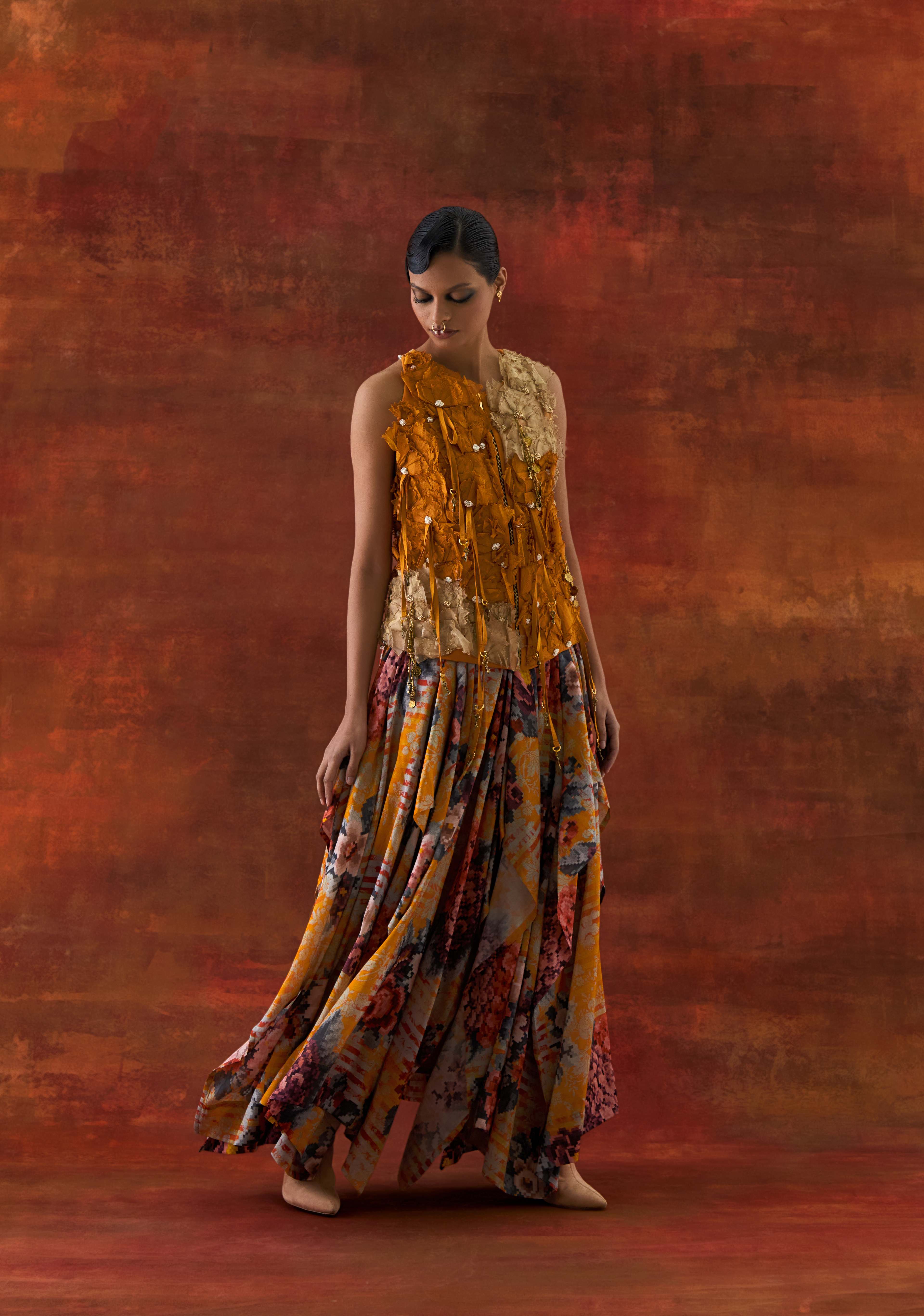 3D FLOWER RACER BACK JACKET + CASCADE SHIRT WITH PRINTED DRAPED SKIRT - image 3