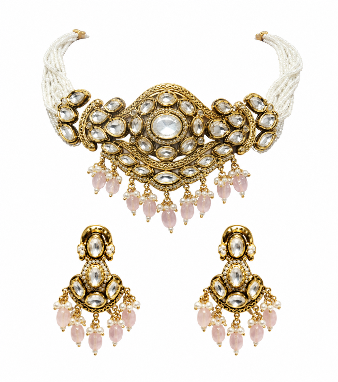 Kundan Pastel Pink Beaded Choker Set