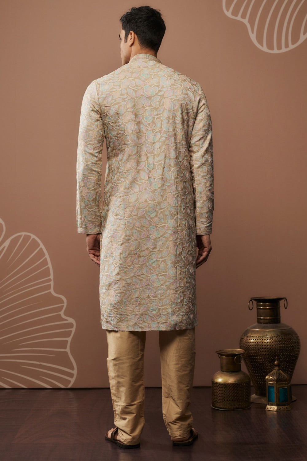 Beige silk kurta set with hand and machine work