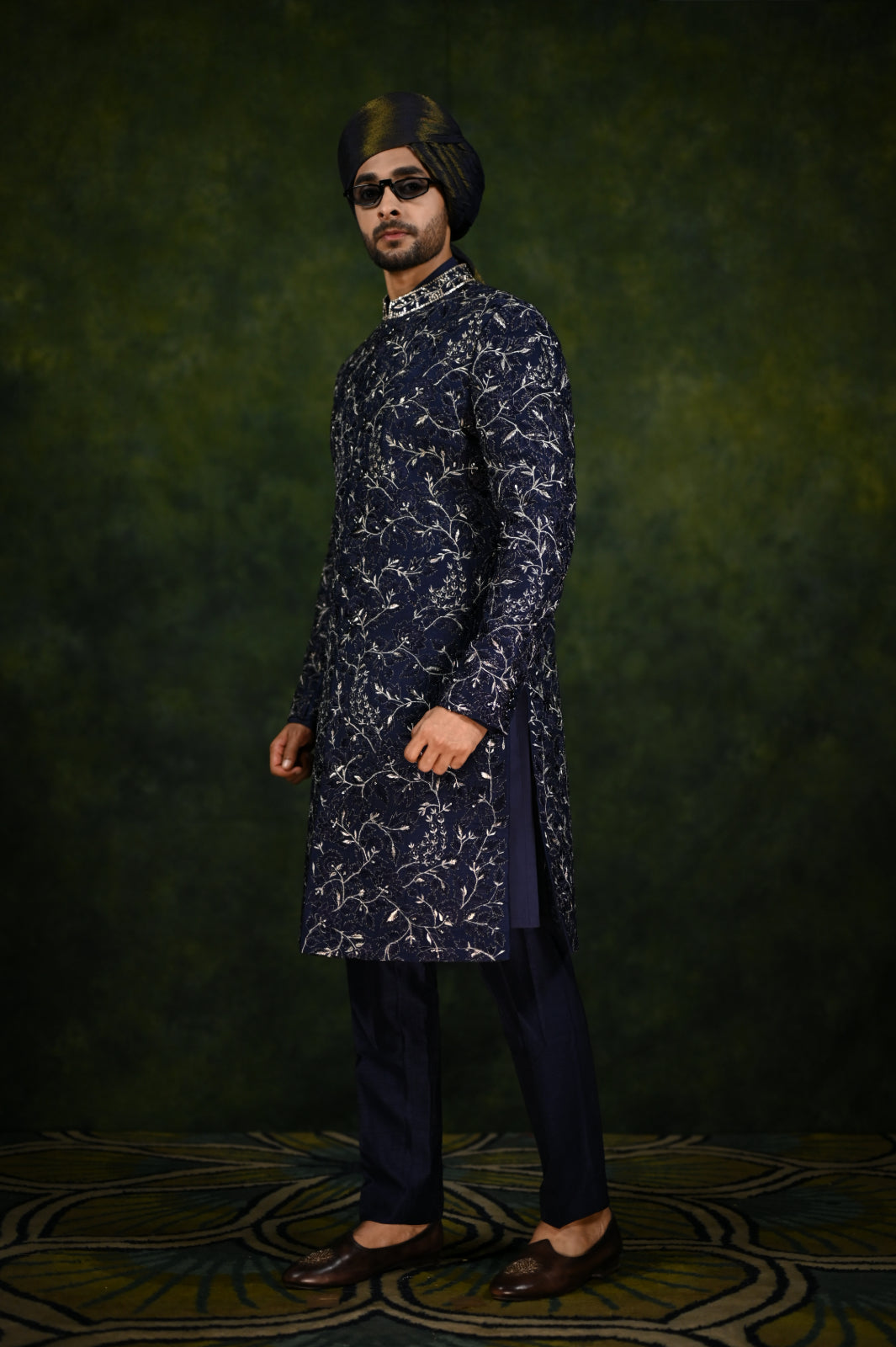 navy threadwork sherwani set