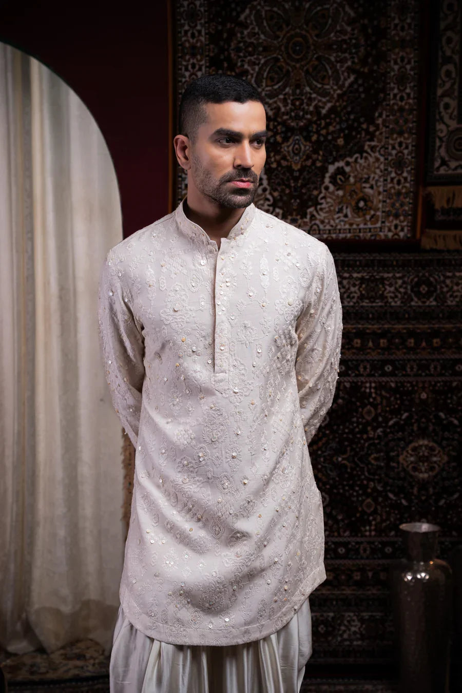 Ivory Pearl Embroidered Linen Silk Kurta