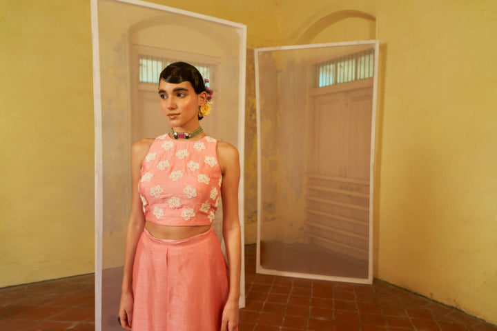 Pink Crop Top with Flap Palazzo Set