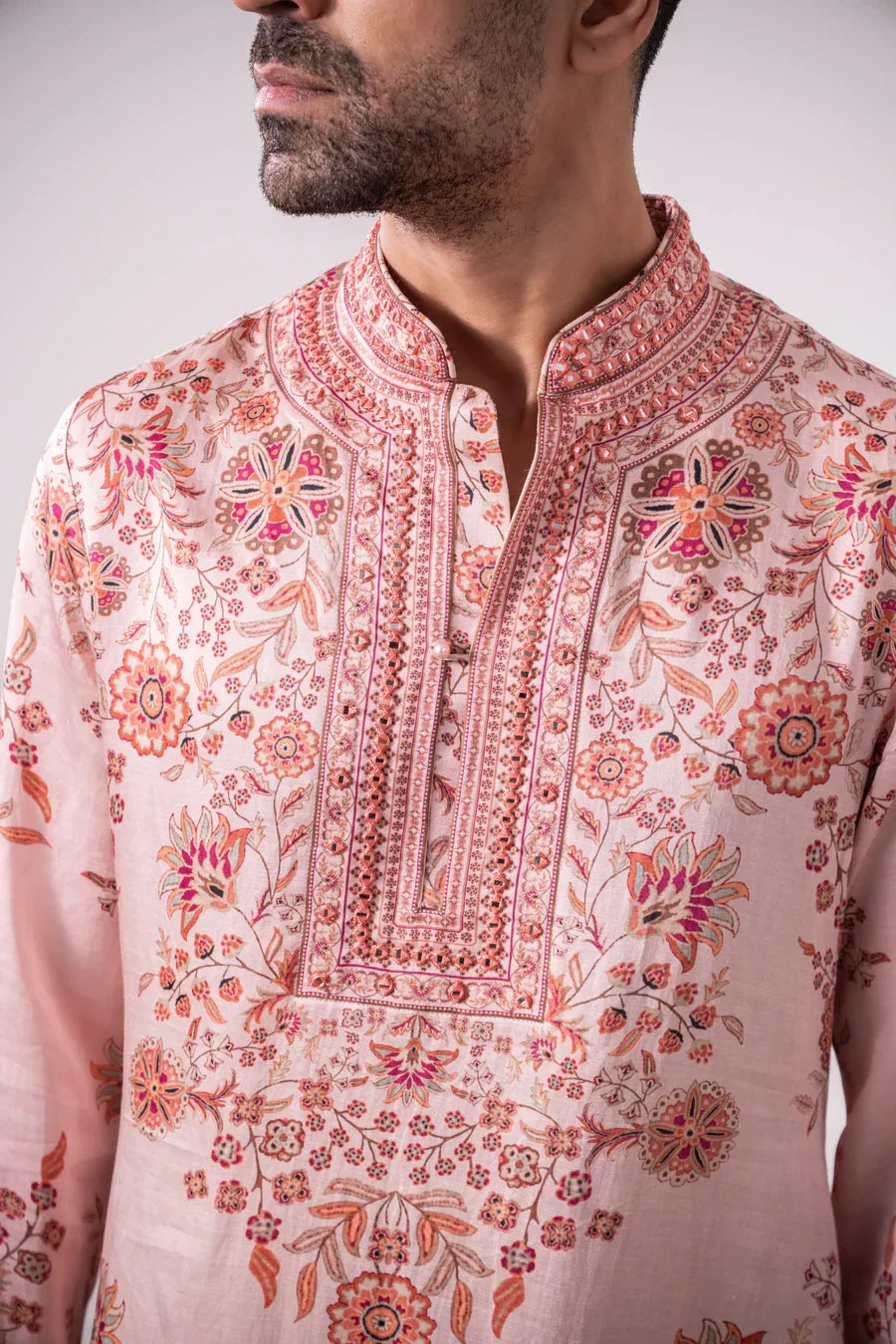 Pink Floral Linen Satin Kurta