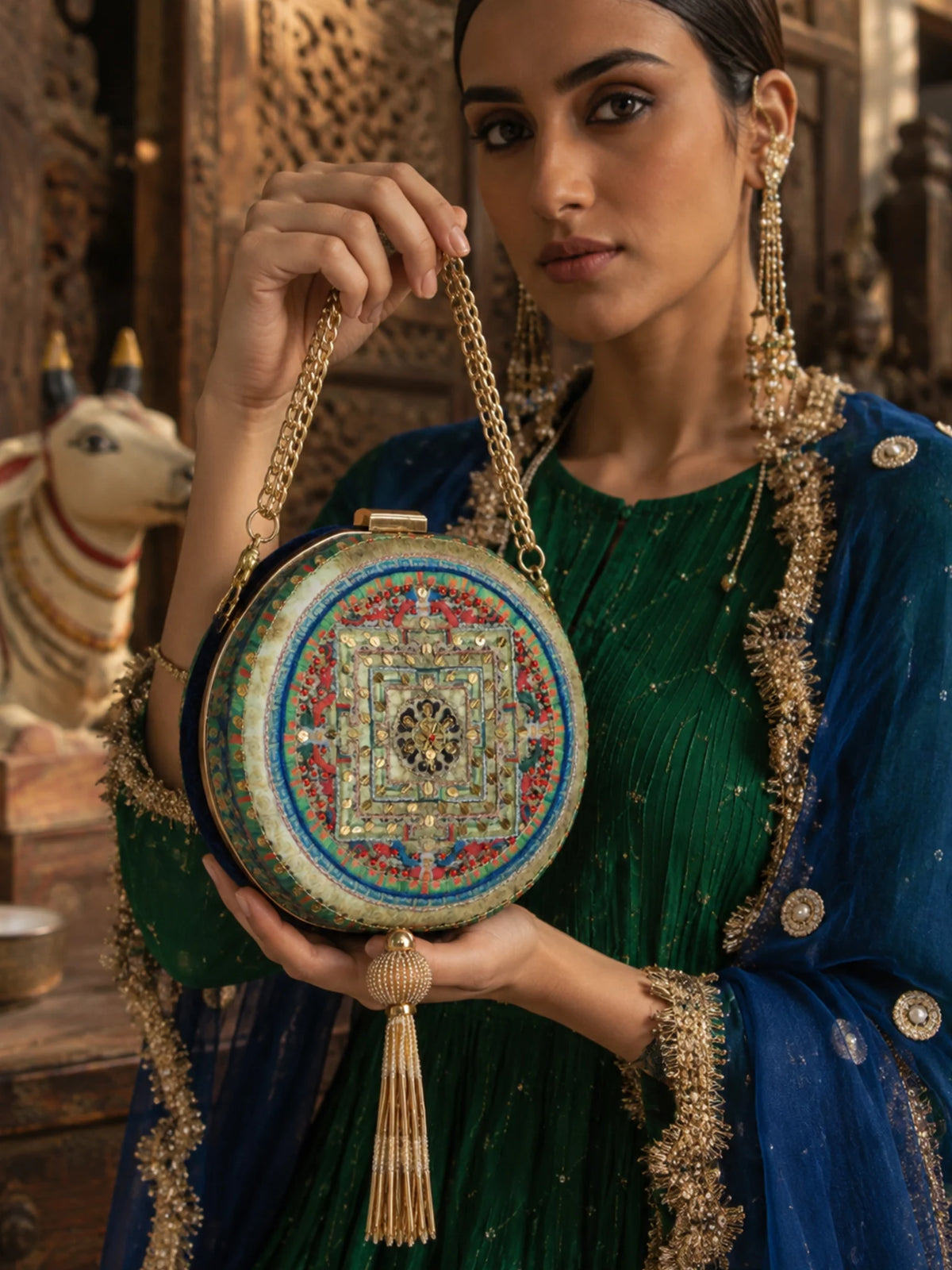 Blue Mandala Printed Embroidered Round Clutch Bag with Gold Tassel