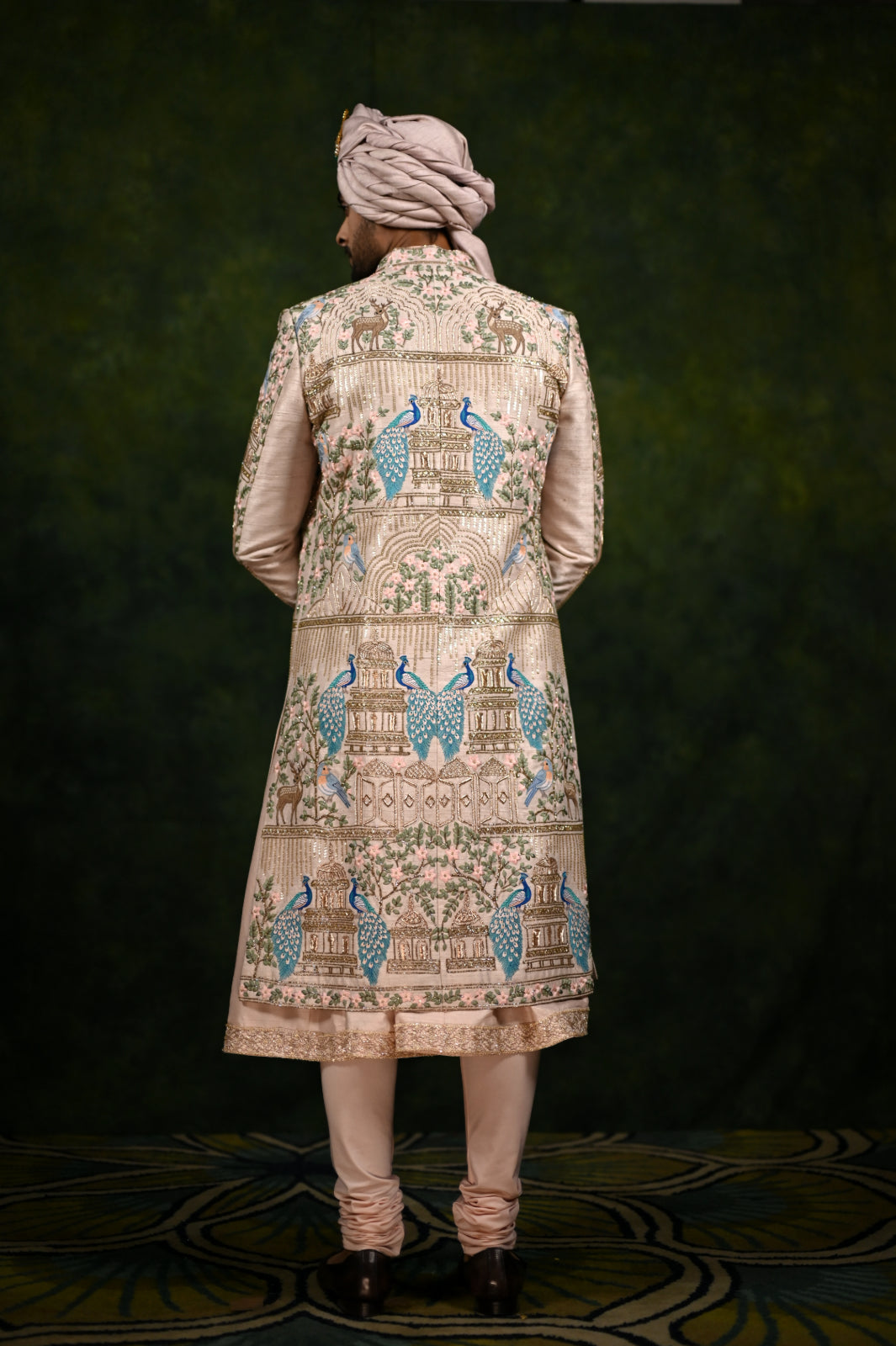 rosegold peacock sherwani set