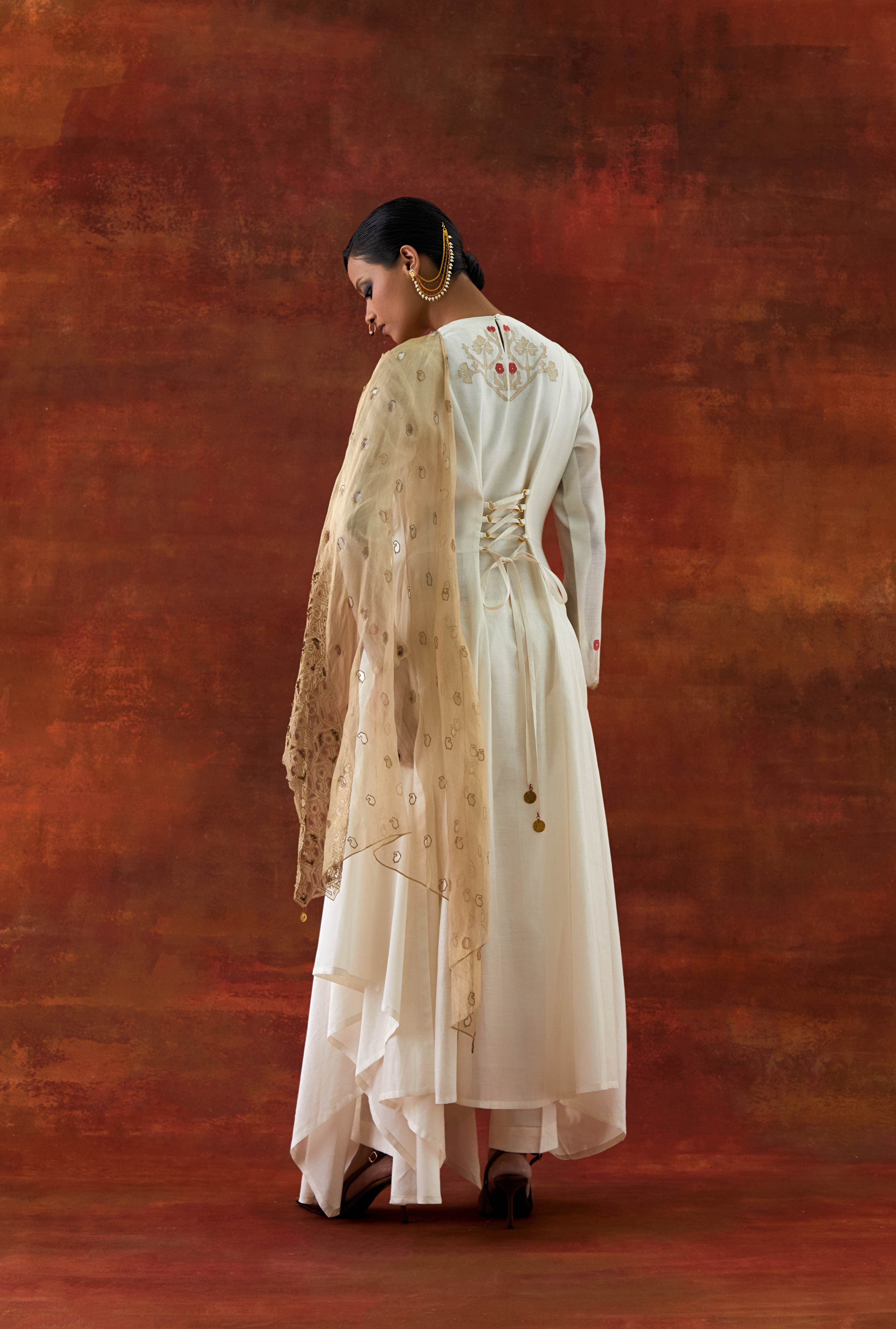 EMB GOLD TISSUE ATTACHED DRAPED KURTA WITH PANTS - image 3