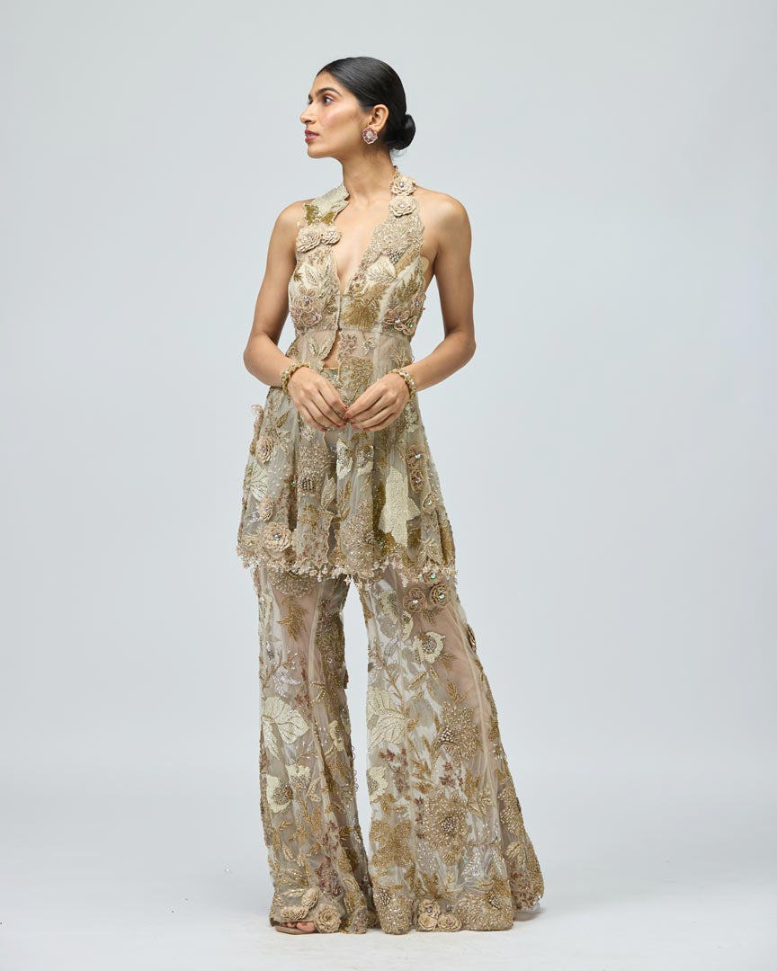 Gold Patchwork Sharara Set in Beige with 3D Floral Detailing