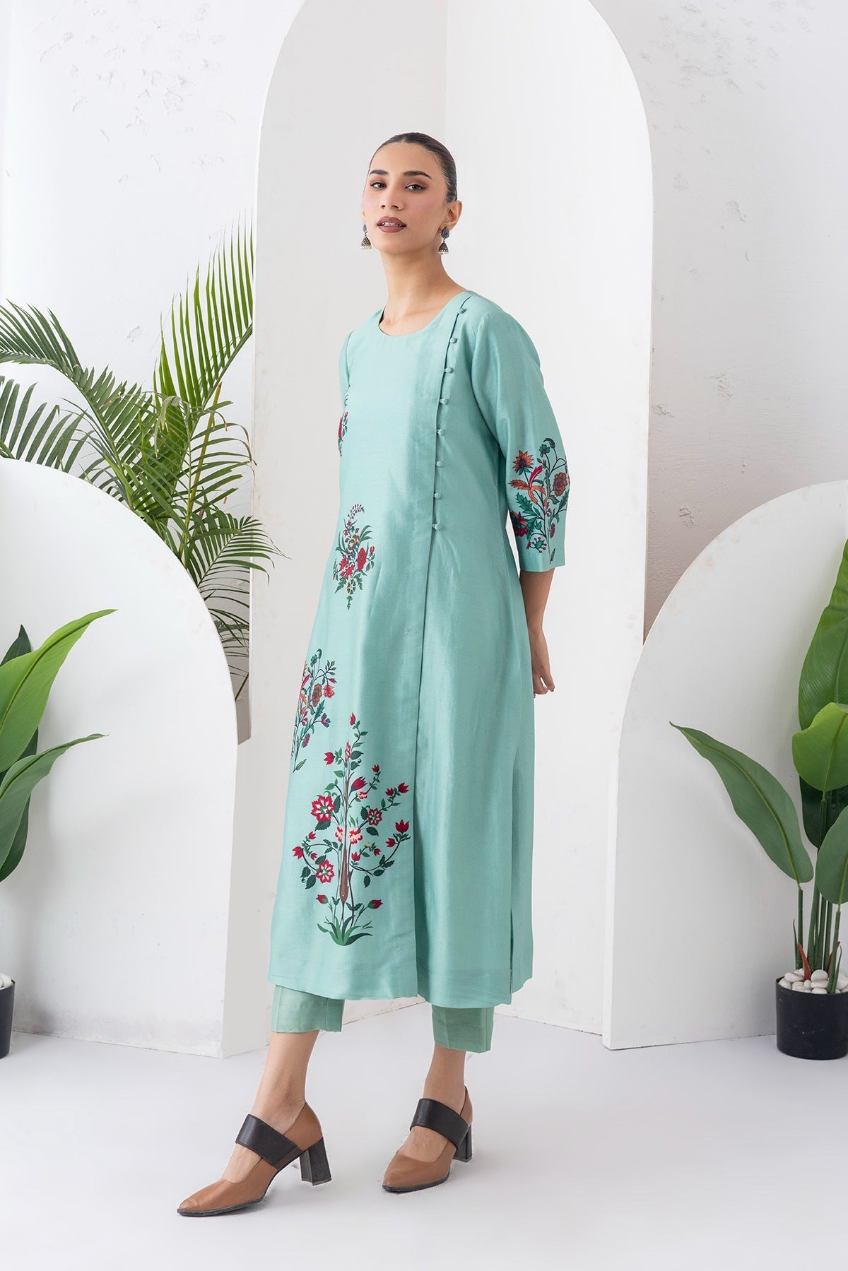 Mint Silk Chanderi Floral Boota Printed Dress Set (2 PCS)