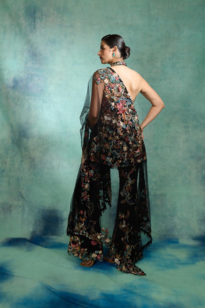 NAVY BLUE PATCHWORK PEPLUM SHARARA SET