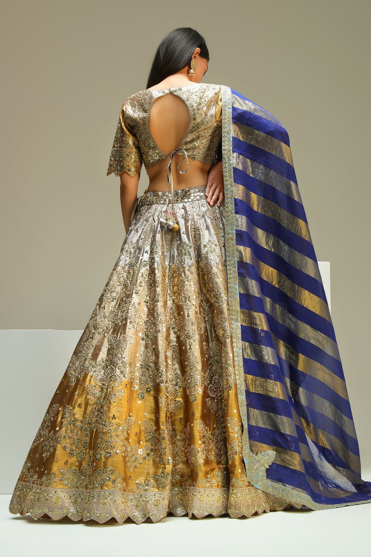 Golden & Blue Tissue Jacquard Lehenga Set with Dupatta