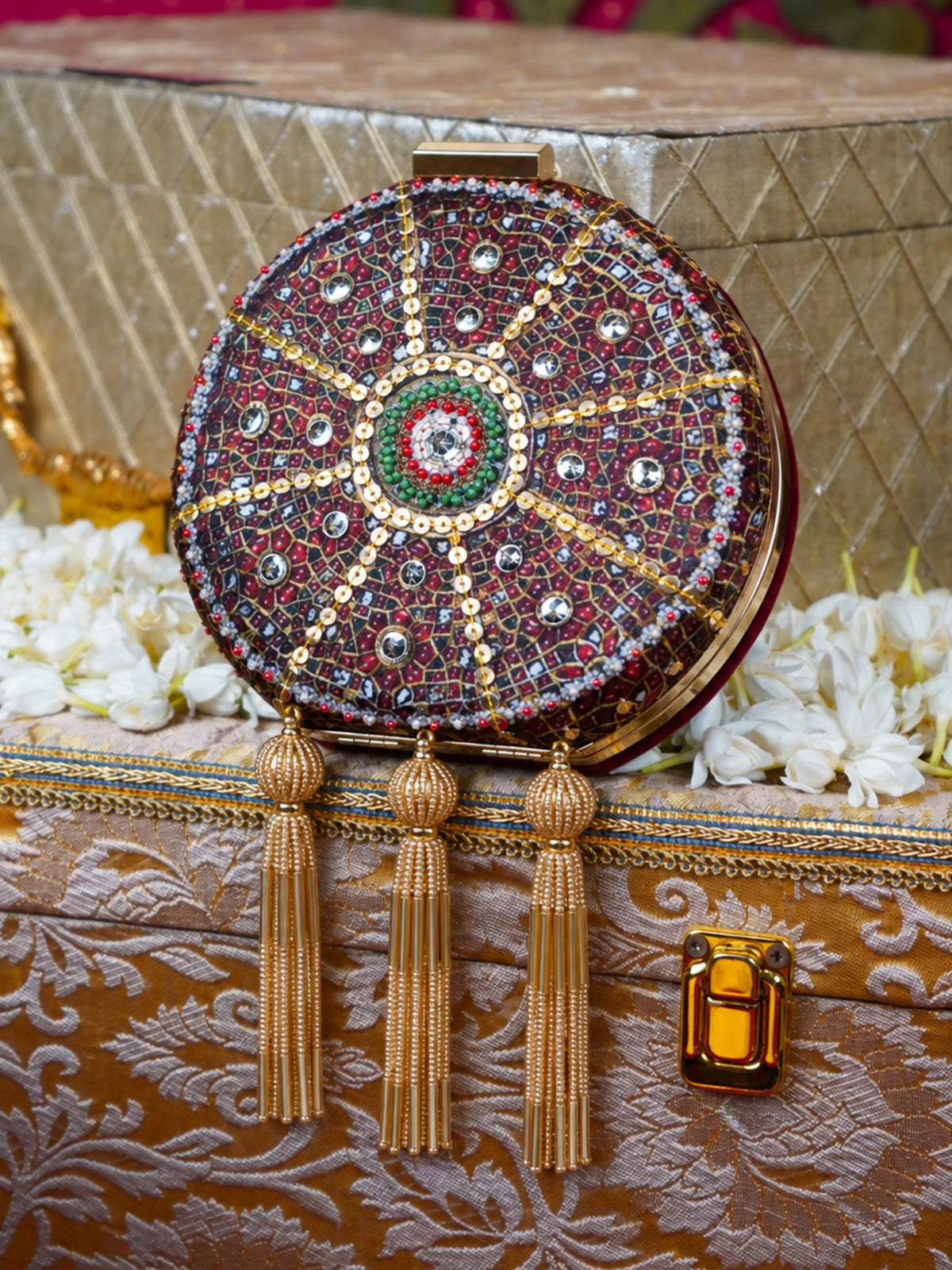 Burgundy Mandala Printed Embroidered Round Clutch Bag with Three Gold Tassels