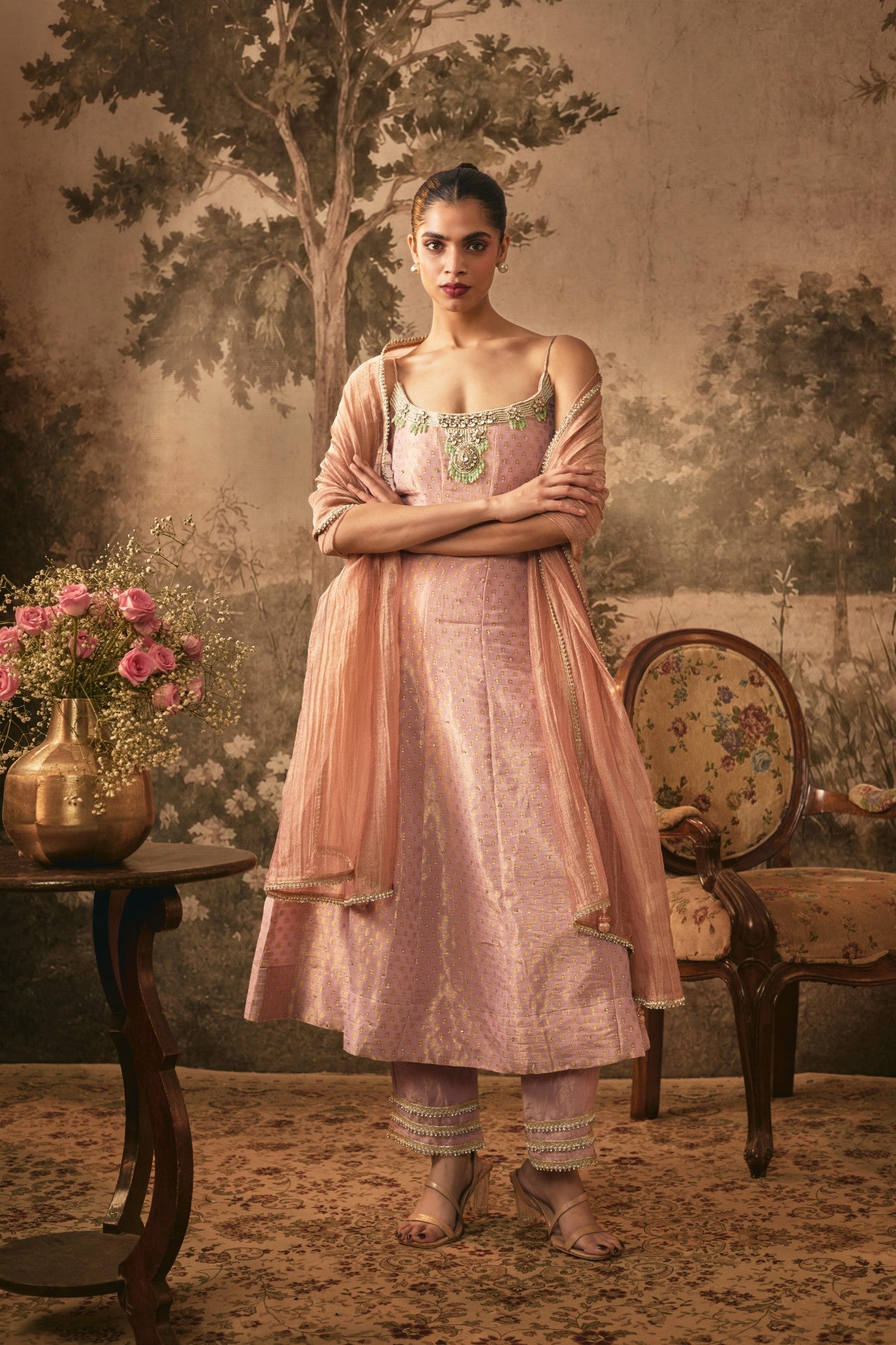 BLUSH PINK TISSUE ANARKALI SET