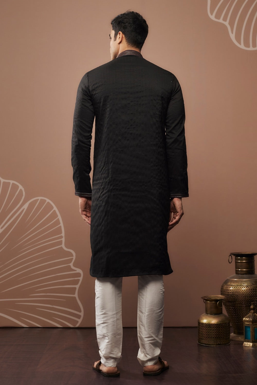 Black silk kurta pajama with hand and machine work