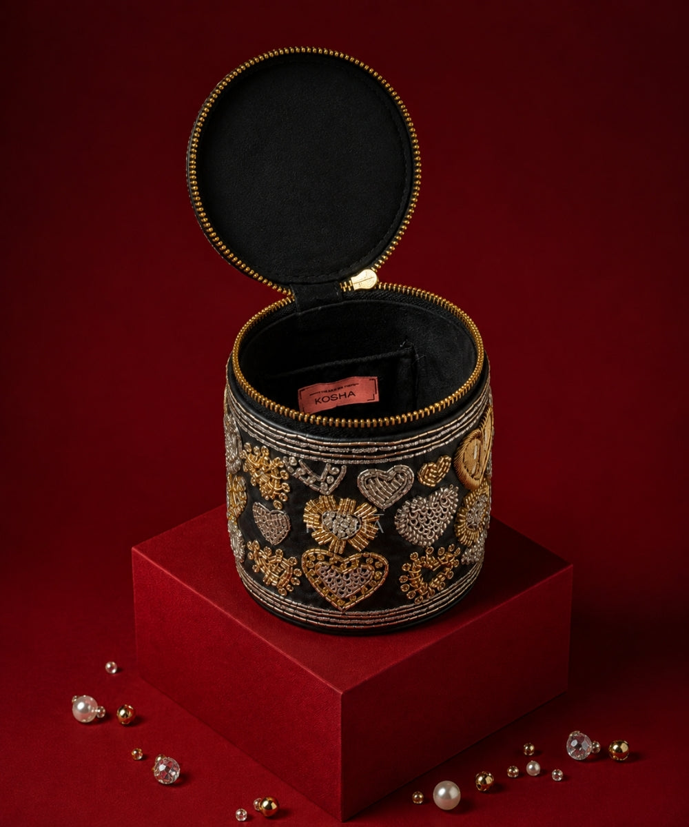 Malika Black Leather Embroidered Cylinder Mini Bag