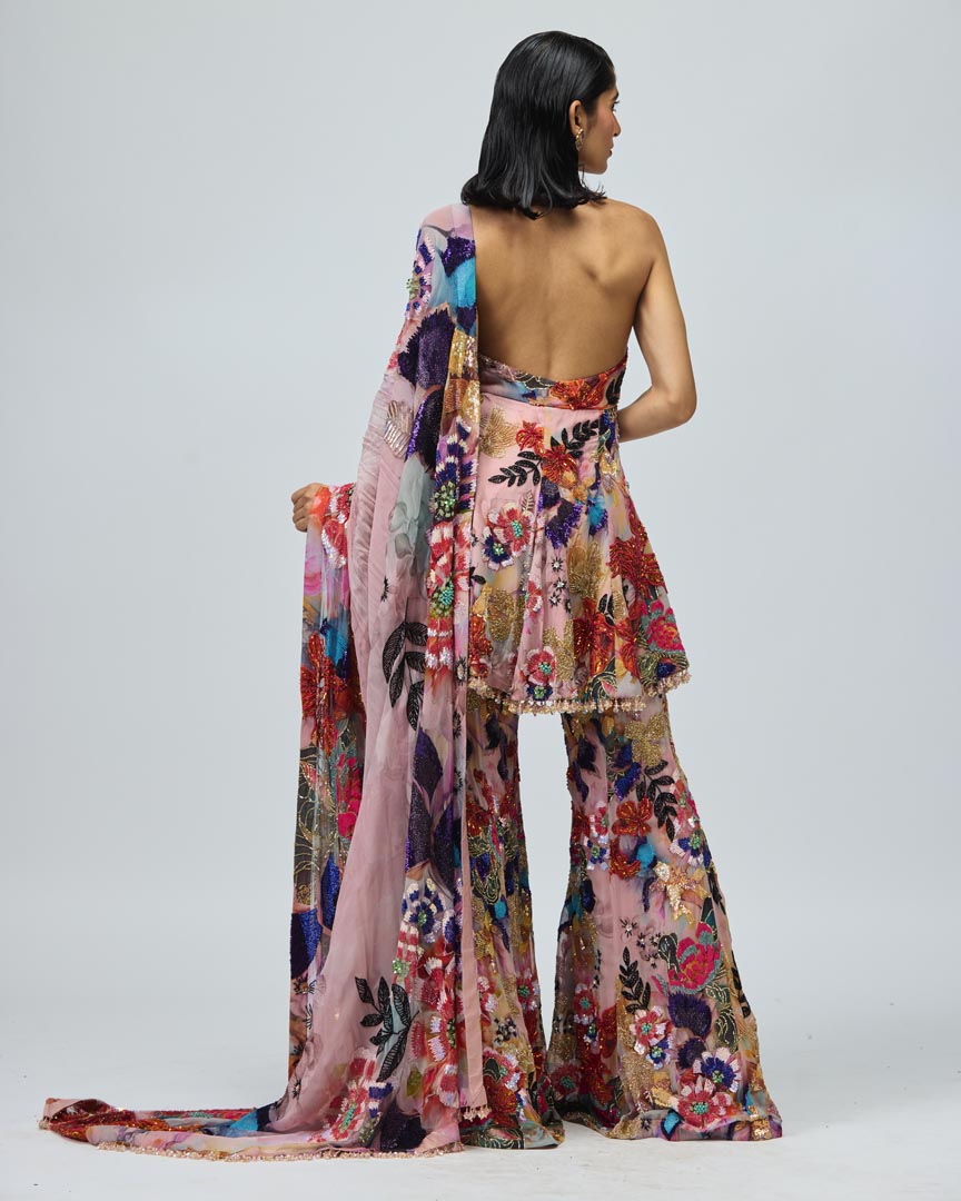 Pink Viscose GGT Halter Neck Sharara Set for Festive Wear