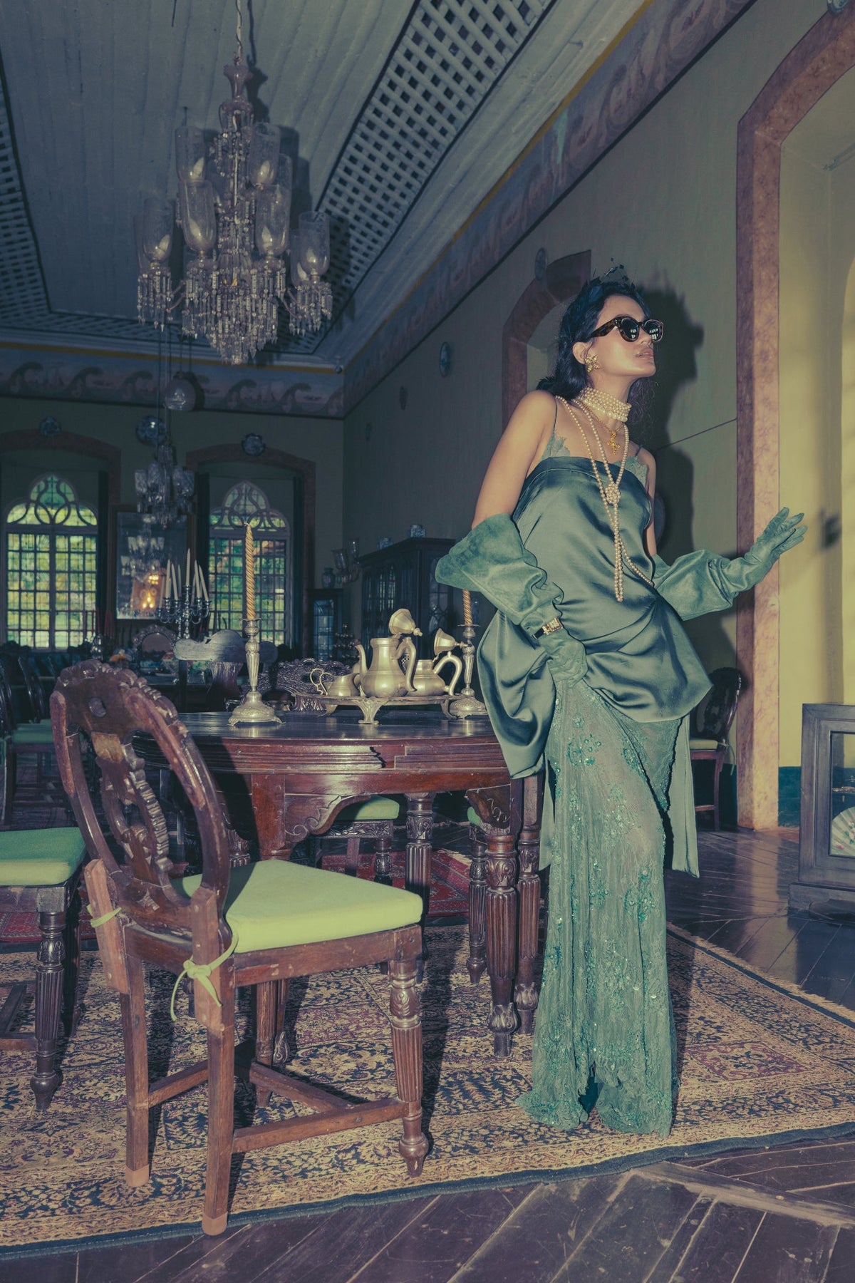 Green, Sequin Embroidery, Silk Satin & French Lace, Cocktail Dress Set, Asymmetrical Silhouette