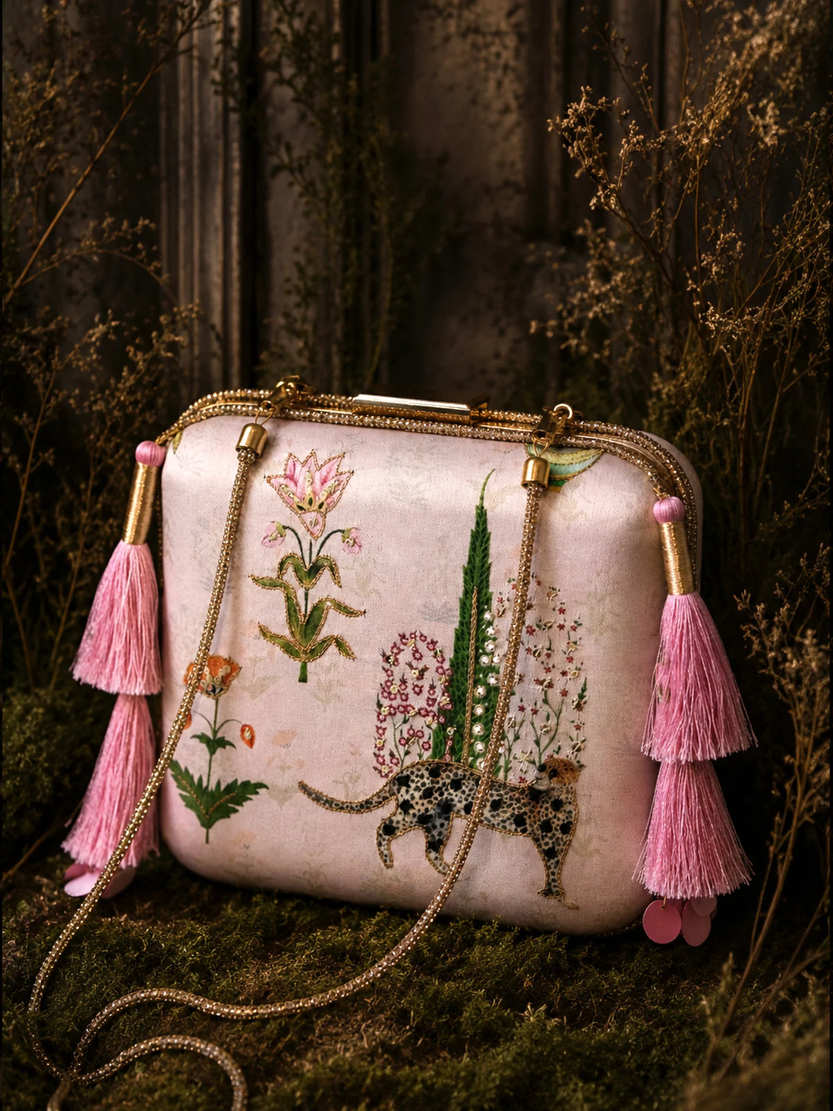 Pink Leopard Print Clutch Bag with Floral Embroidery & Pink Tassels