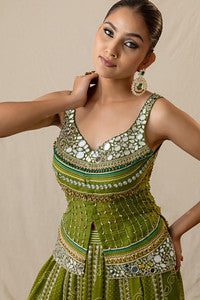 Green ombre printed bandhej lehenga set