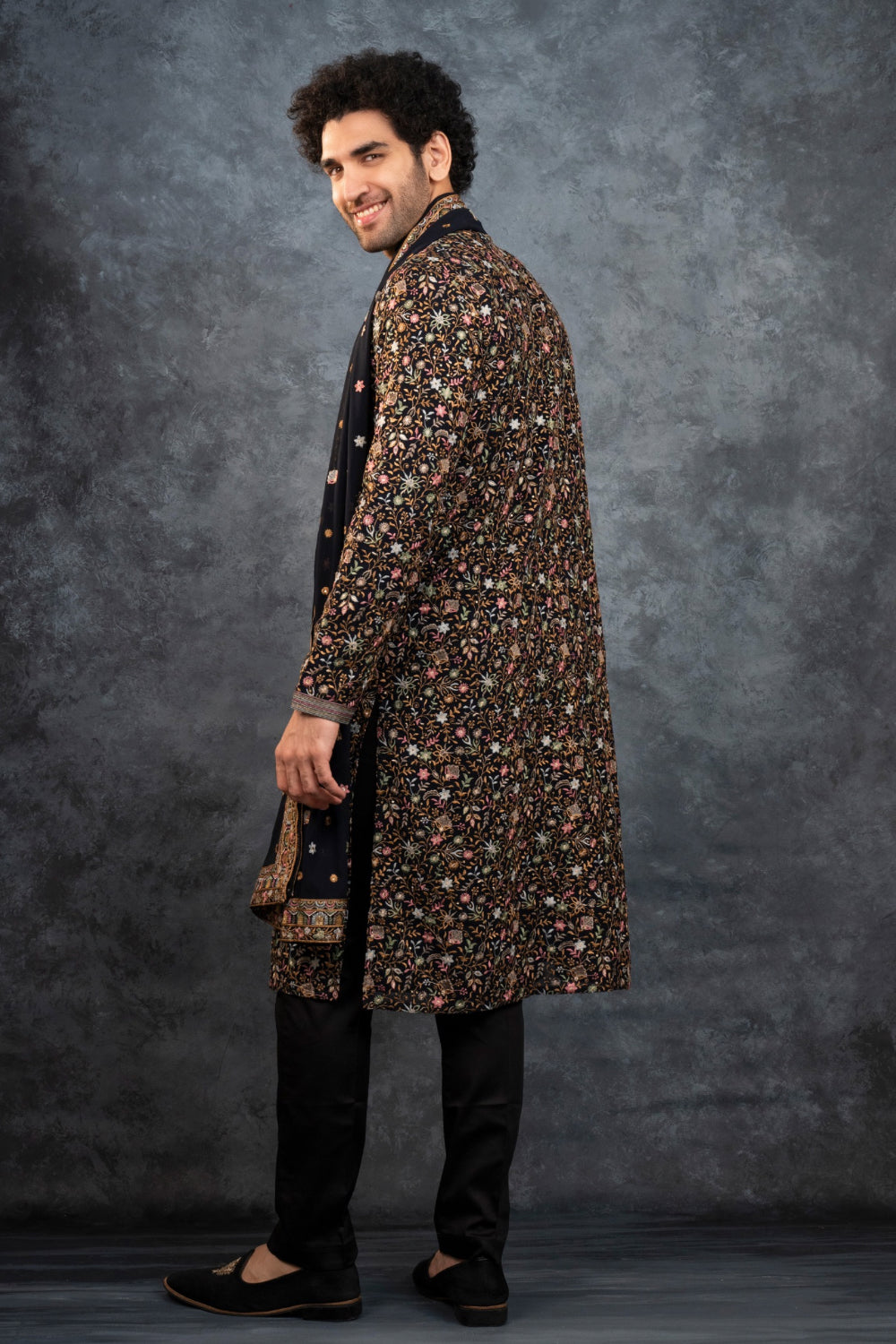 Black silk resham embroidered kurta set with sequins work