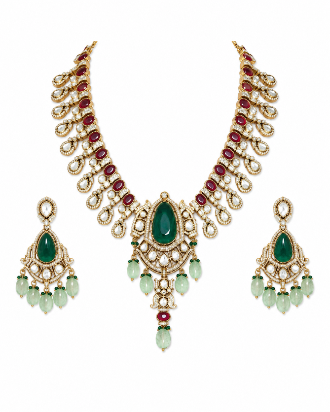 Emerald Green Moissanite Polki Pendant Necklace Set with Ruby Accents & Statement earring