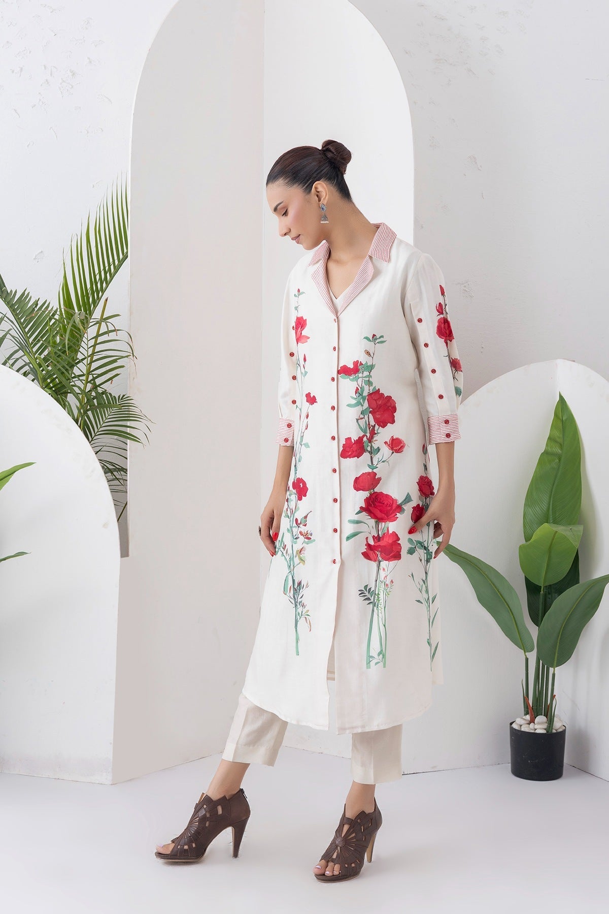 Ivory Silk Chanderi Front Open Printed Dress Set (3 PCS)