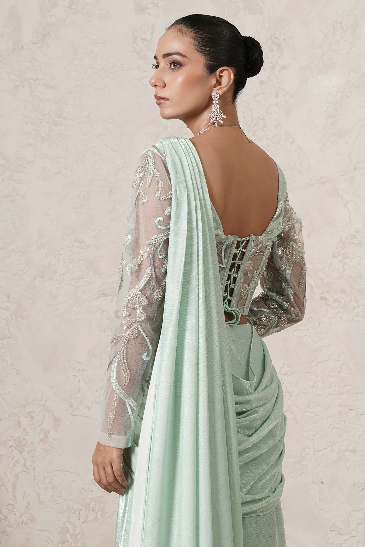 Jharokha Pre-Draped Saree with Hand-Embroidered Corset Blouse | Mint Green |  Women | THETAA