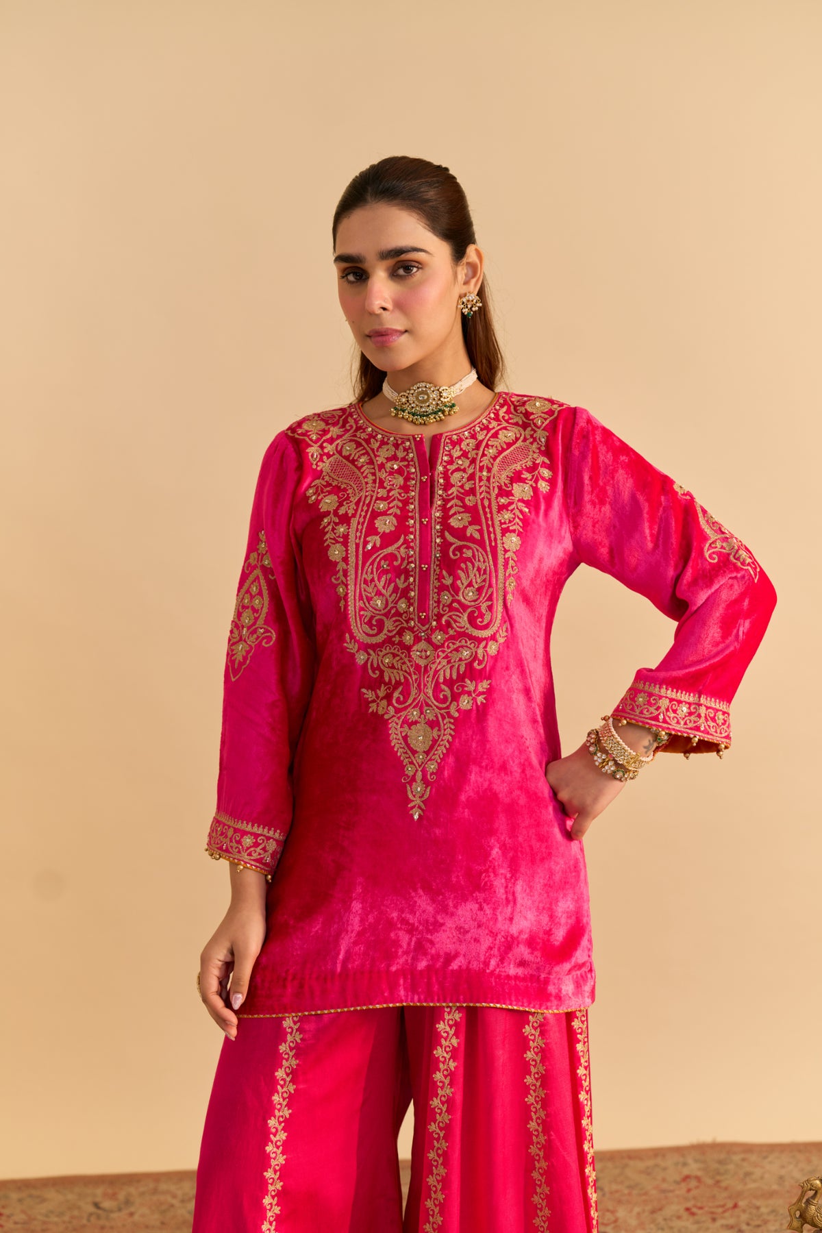 Aroob Hot Pink Velvet Kurta Sharara Set with Tissue Silk Dupatta