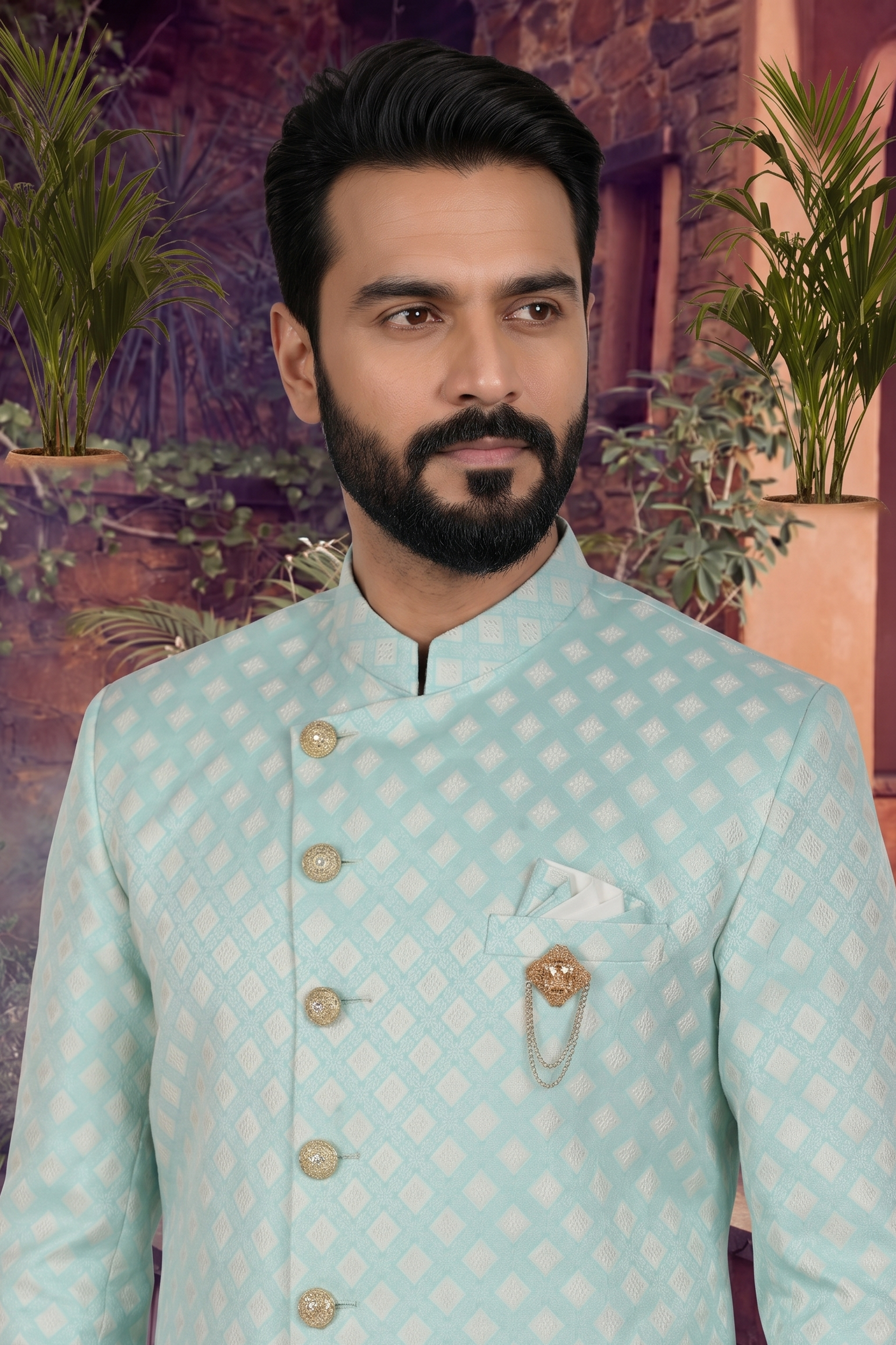 Men's WOVEN JACQUARD GREEN  SEMI-INDO-WESTERN