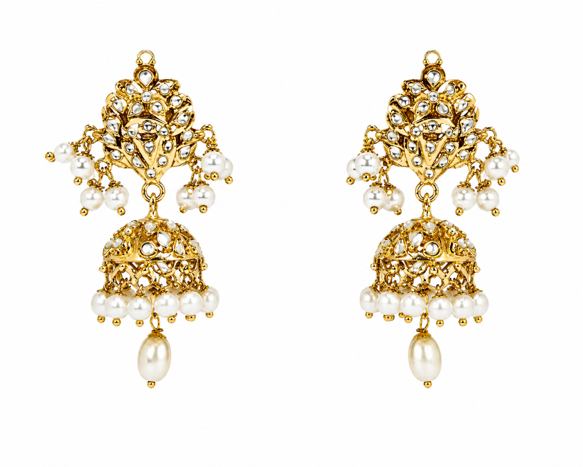 Polki Jhumka Earring with Pearl Drops