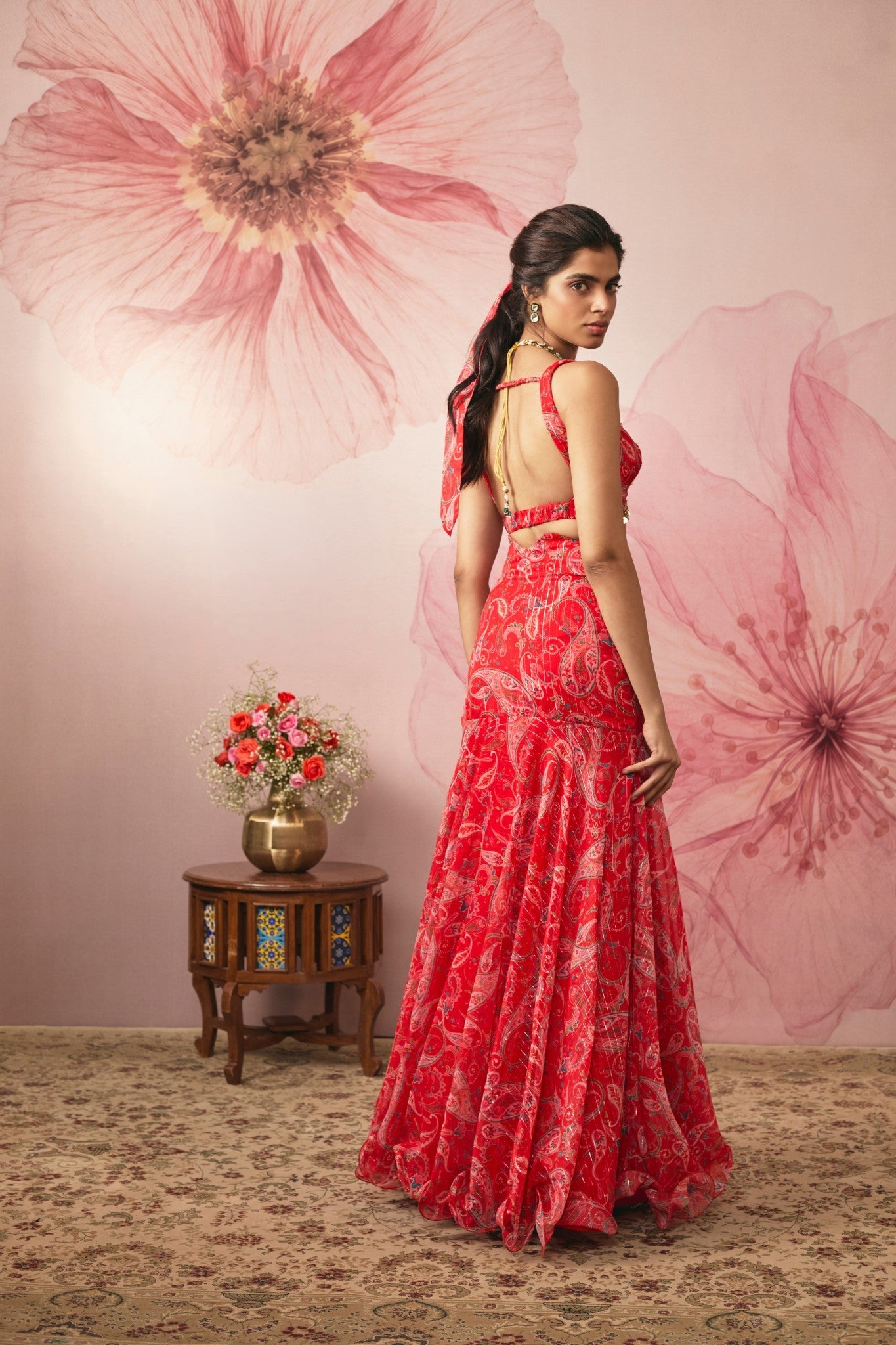 RED PAISLEY PRINTED FISH CUT LEHENGA SET