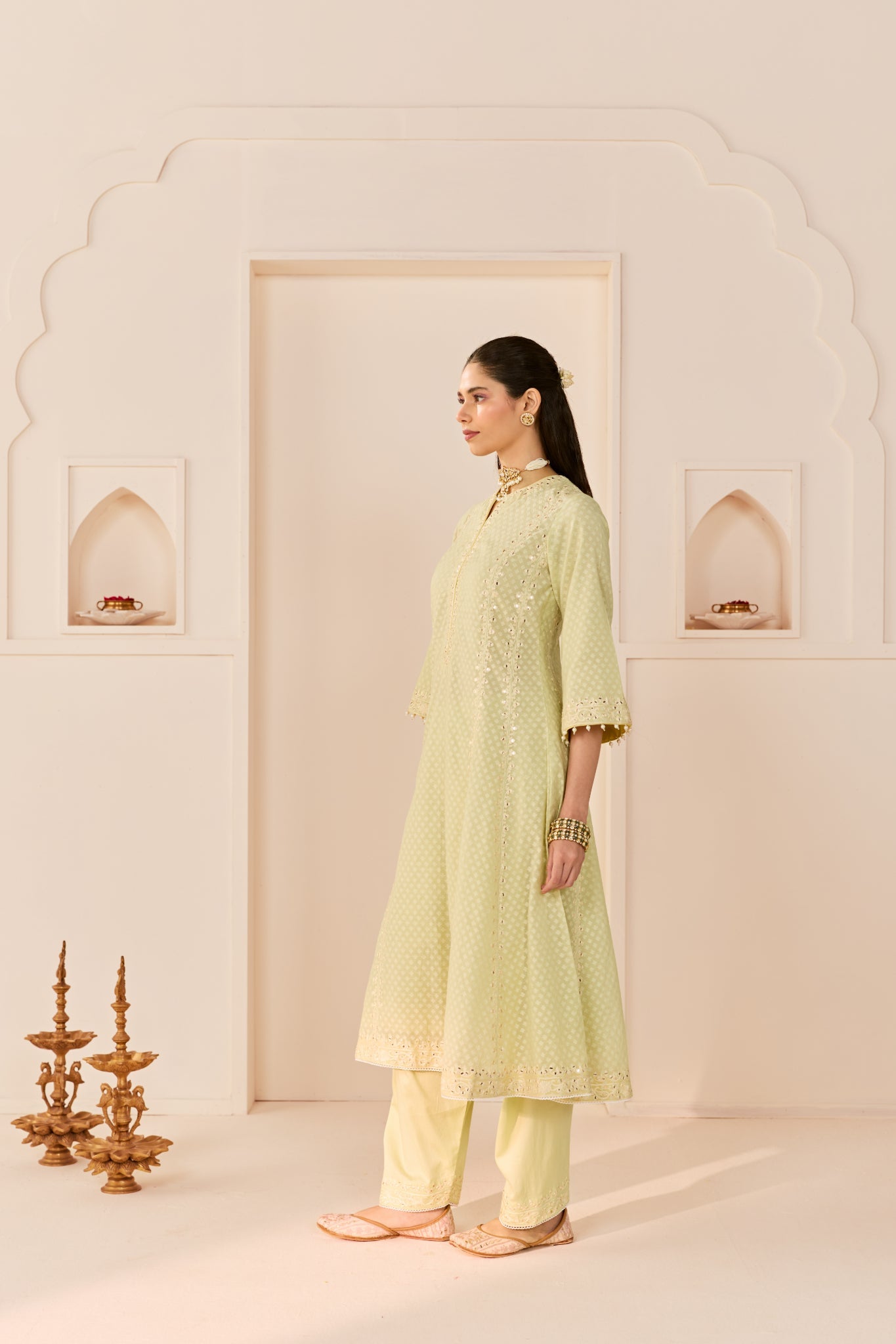 FIRDAUS - MINT GREEN LONG KALIDAAR CHAUGA WITH DOGRI SALWAR AND DUPATTA