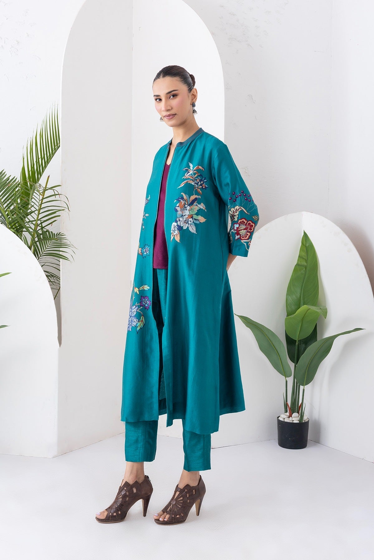Emerald Silk Chanderi Floral Printed Front Open Dress Set (3 PCS)