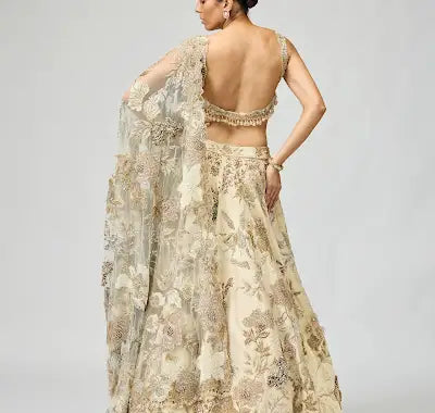Ivory Embellished Viscose Tissue Lehenga Set for Festive Occasions