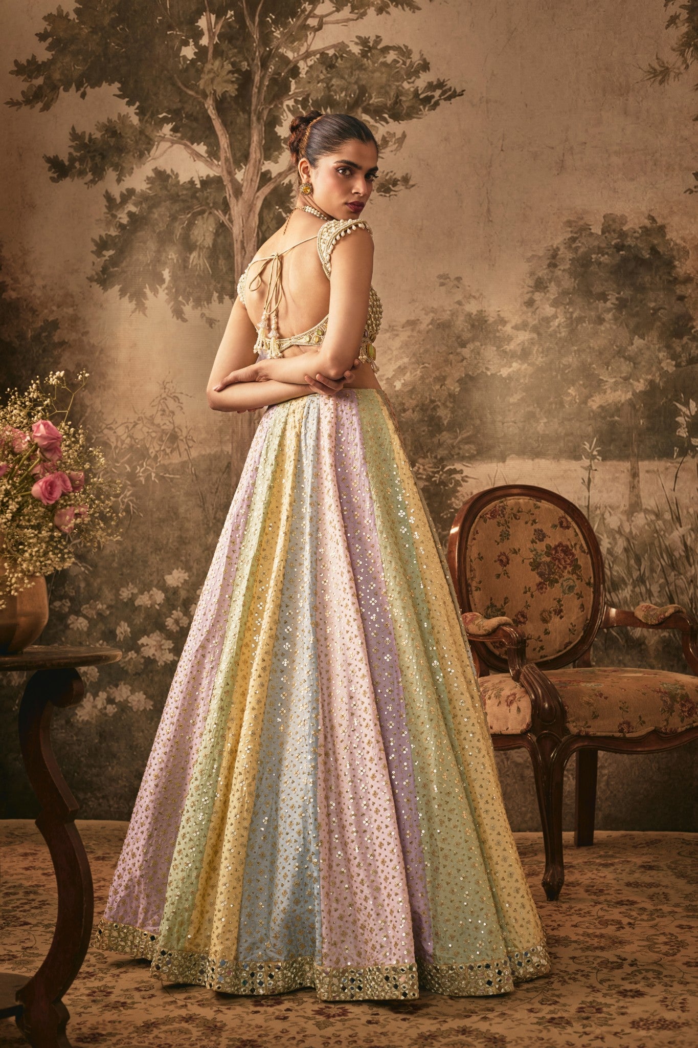 Multi colored sequins and mirror embroidered lehenga set