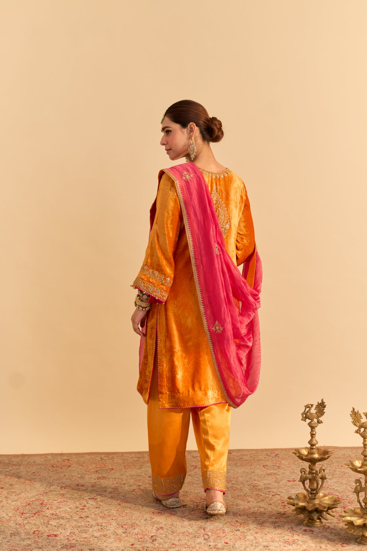Fareeha Orange Velvet Kurta Set with Silk Salwar & Dupatta